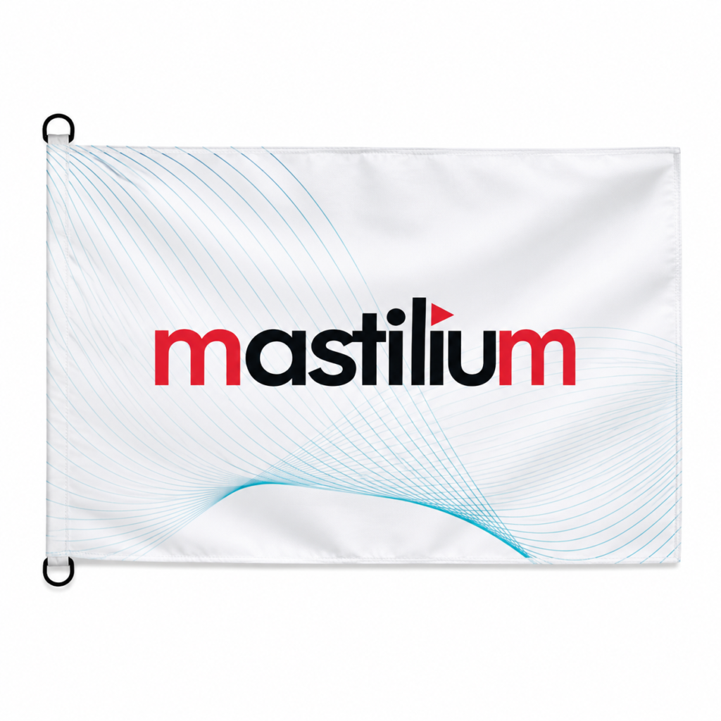 Bandera rectangular personalizada con anillas fabricada por Mastilium.